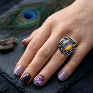 925 Sterling Silver Artisanal Rainbow Dichroic Glass Statement Ring Size 9